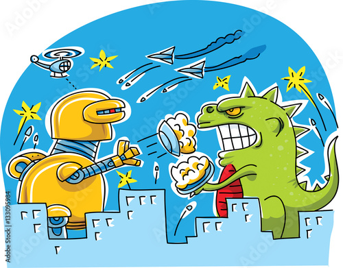 A giant robot and a giant reptile monster engage in a giant pie fight in the middle of a city as the military attacks.