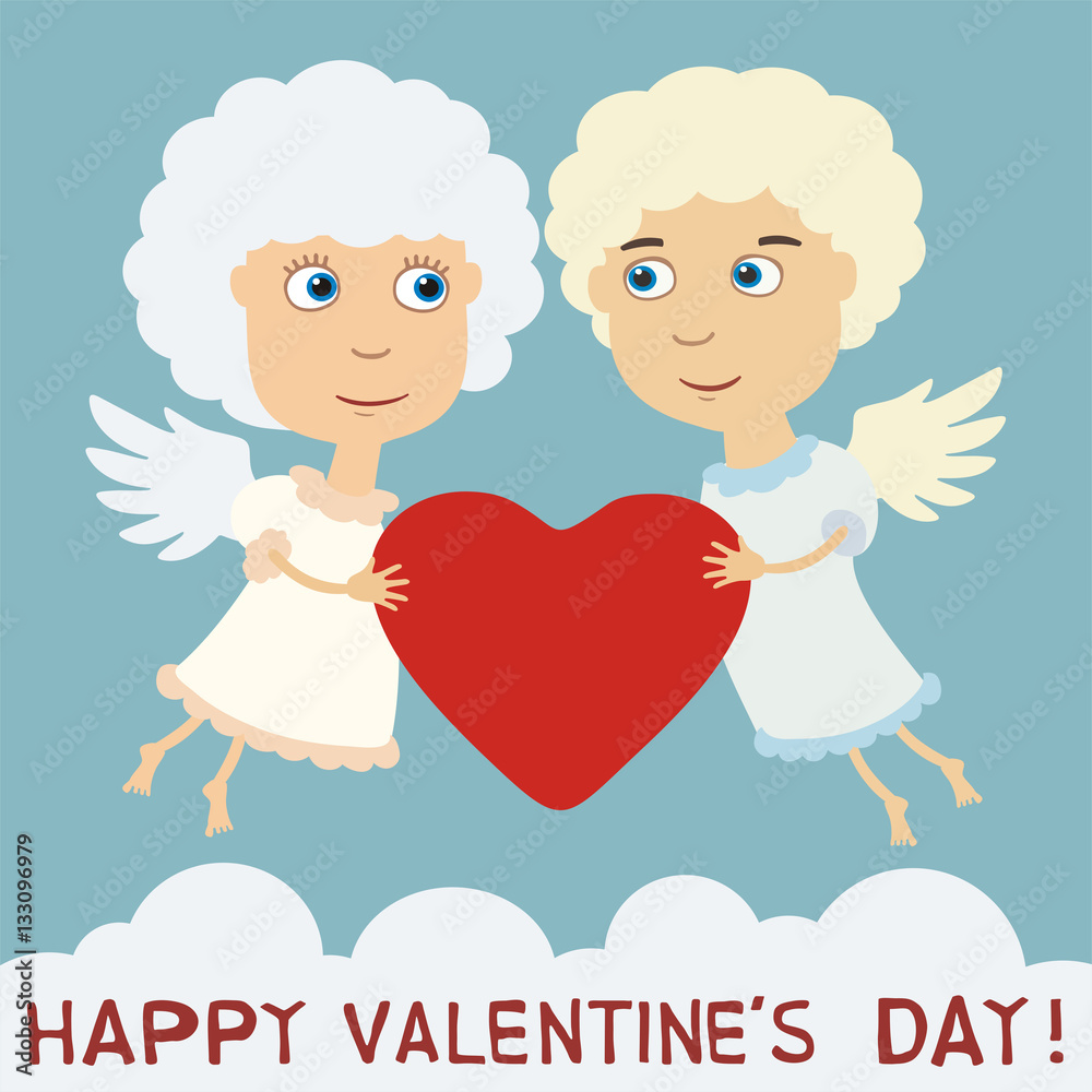 Happy Valentine's day! Cute angels with heart in hands. Greeting card with angels in cartoon style Happy Valentine's day! Cute angels with heart in hands. Greeting card with angels in cartoon style