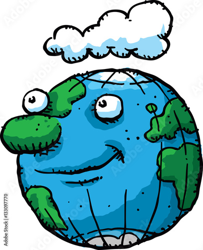 A happy, cartoon earth character with a friendly grin and a soft cloud above.