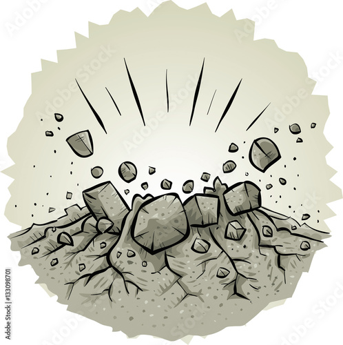A cartoon of an explosive impact in rock, shattering the ground and sending boulders flying in the air.