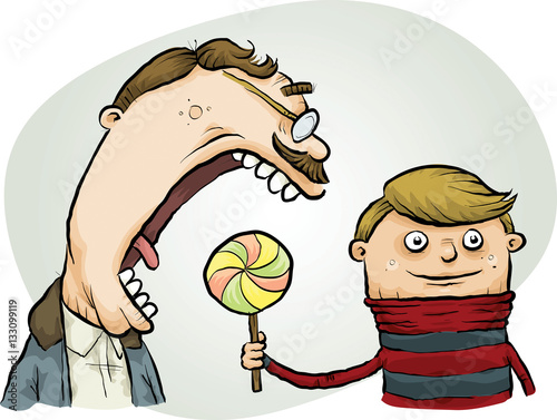 A cartoon man opens his mouth and prepares to nab an unsuspecting little boy's lollipop.