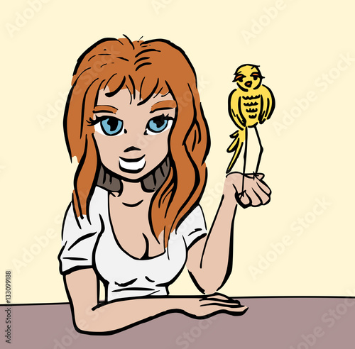 Meisje met coole kanarie als huisdier