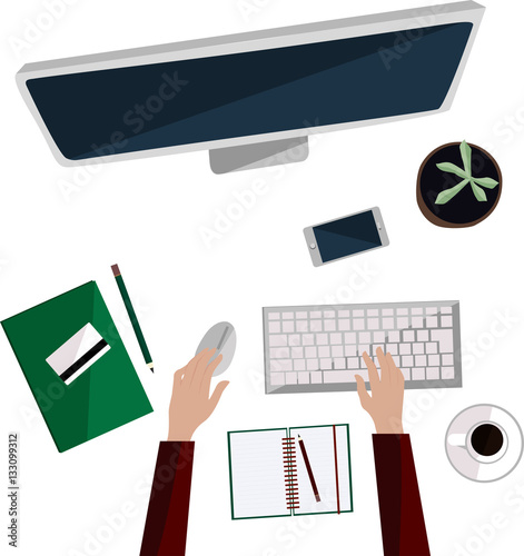 Hand drawn office desktop with isolated computer screen, keyboard, notebooks, coffee, credit card and bussinesman hands typing, top view. Vector flat illustration. Freelance