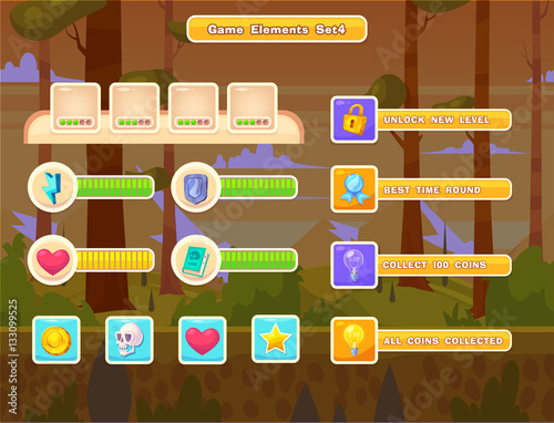 Set of cartoon buttons for casual games. Graphic user interface, vector illustration.