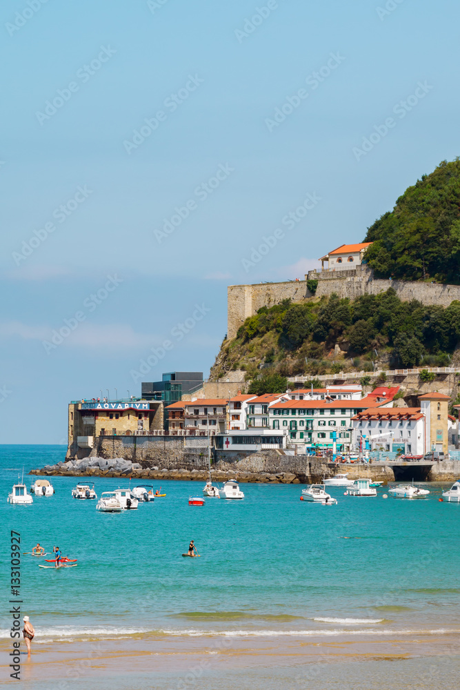 08 August 2016. view of the mountain in the town of San SebastiÃ¡n Spain. seascape of bay with blue water and yachts on the background of the city. 