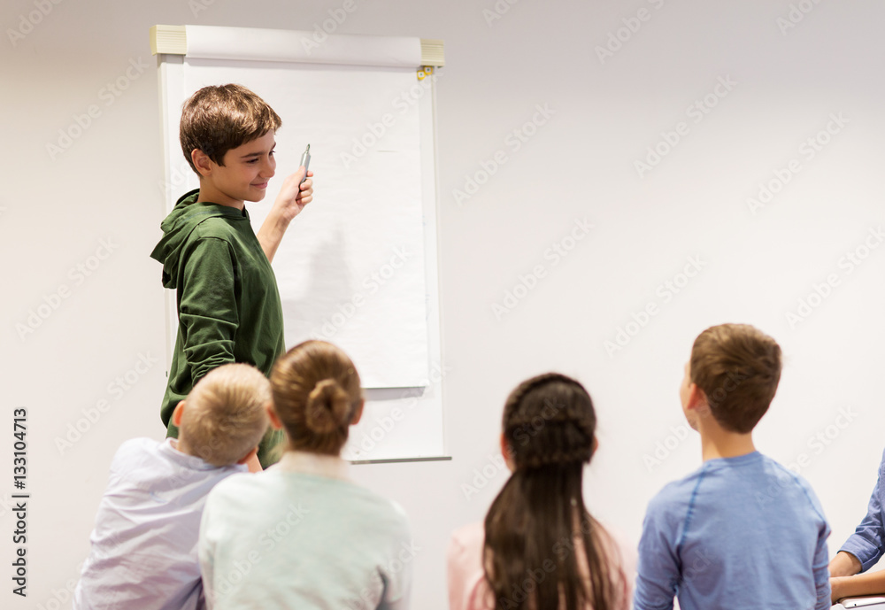 Fototapeta premium student boy with marker writing on flip board