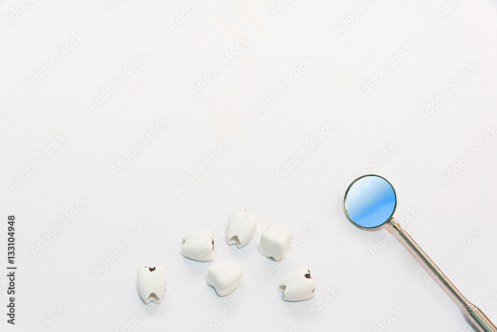 Dental care concpet top view or flat lay of helathy teeth and ba Dental care concpet top view or flat lay of helathy teeth and ba