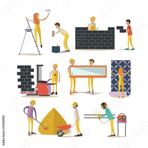Vector set of construction workers isolated, flat style design elements