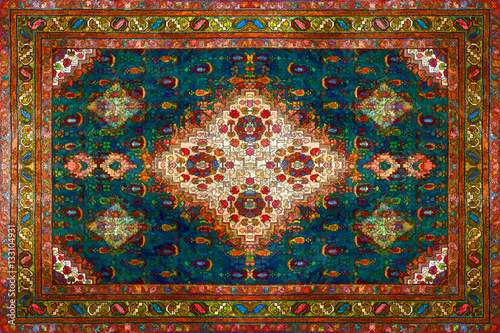 Persian Carpet Texture, abstract ornament. Rhombus mandala pattern, Middle Eastern Traditional Fabric Texture. Red maroon orange brown lime yellow violet pink purple gold toned, useful as background