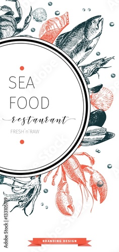 Vector set for seafood restaurant branding. Flyer with round frame and sketched icons. Hand drawn vintage elements.