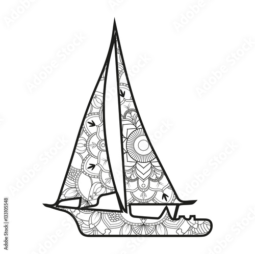 Vector illustration of a sail boat mandala for coloring book, barca a vela mandala vettoriale da colorare