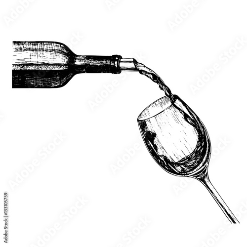 Vector red wine splash. Hand drawn engraved vintage style. bottle, glass and spots. Isolated on white background.