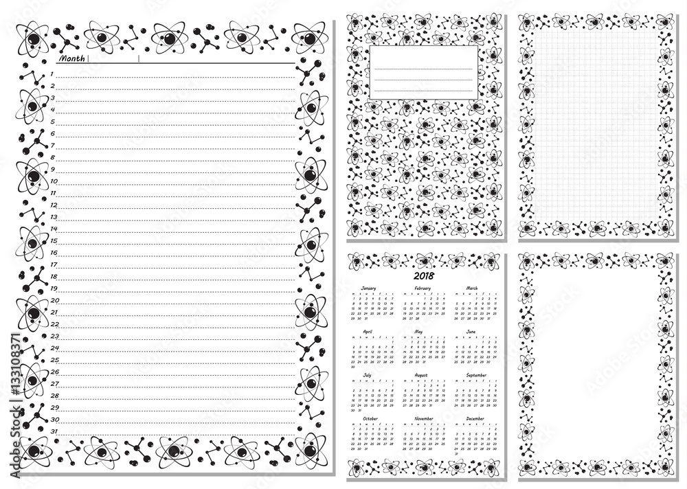 Set of pages template for daily planner. Printable, for scrapbook. Black  and white molecule design. Part 2. Calendar 2018, cover, cell, empty page,  for every day in month notes. Vector illustration. Stock