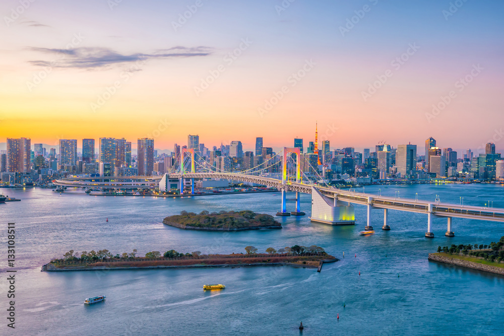 Fototapeta premium Tokyo Skyline z Tokyo Tower i Rainbow Bridge