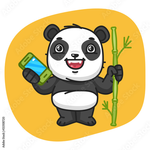 Fototapeta Naklejka Na Ścianę i Meble -  Panda Holds Bamboo and Phone