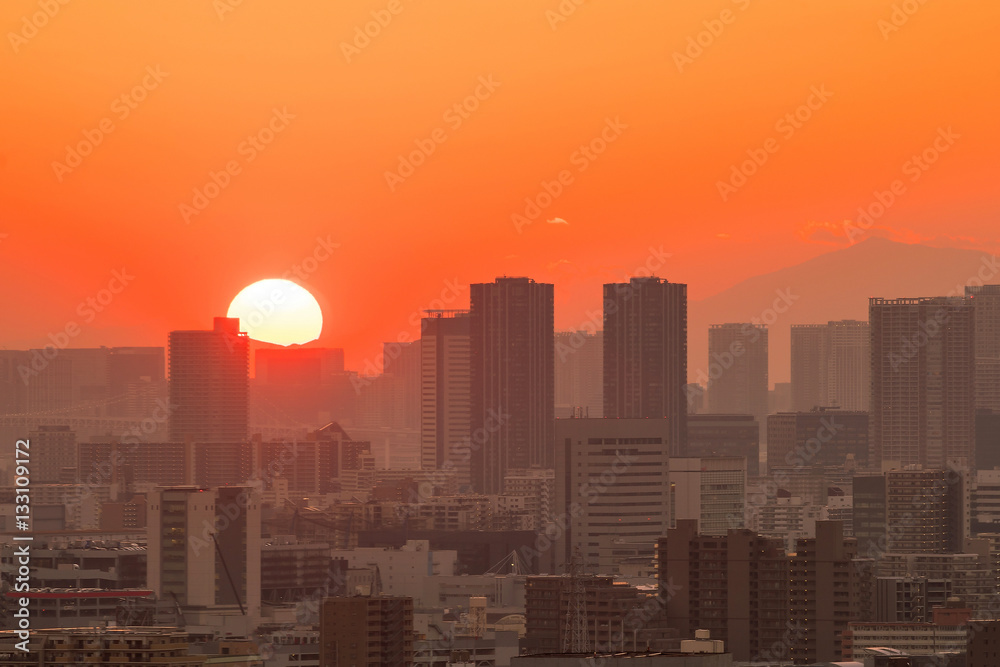 Tokyo city skyline at sunset