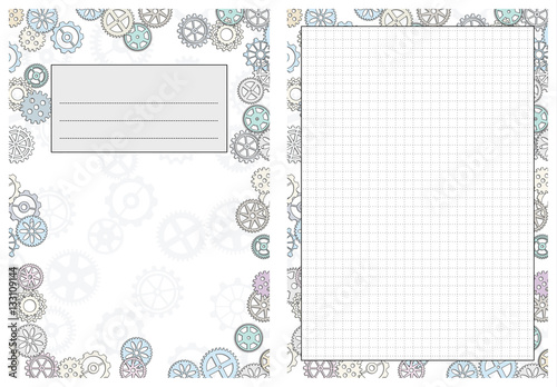 Set of pages template for daily planner. Printable, for scrapbook. Gears design. Part 5. Diary cover, page with cells. Vector illustration.