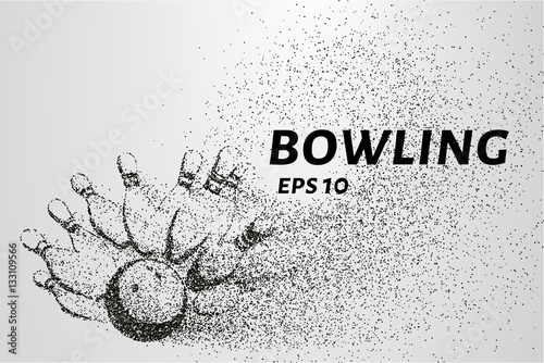 Bowling from the particles. Skittles and ball are composed of circles and dots. Vector illustration