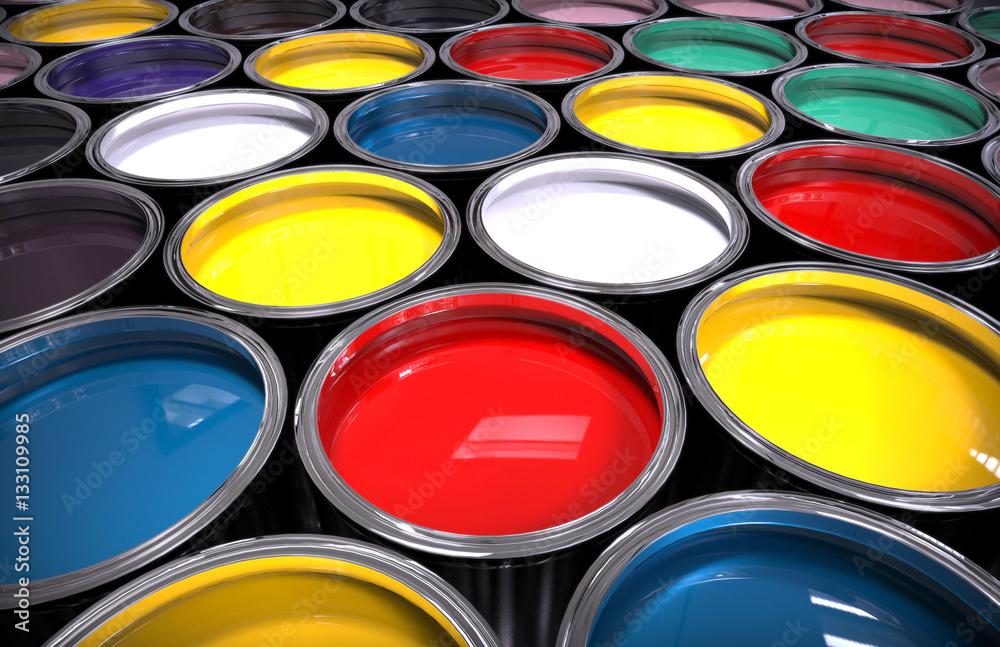 Naklejka premium Rows of steel paint cans with vibrantly coloured liquid paint