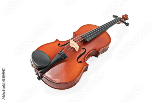 Brown classic violin lying horizontally with an overlay for the neck isolated on white background