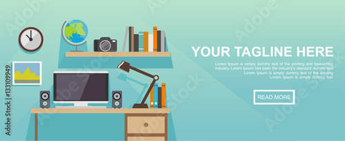 Studying place or working place illustration. Banner illustration. Flat design illustration concepts for working place at office, working place at home, workspace, workplace,  studying place.