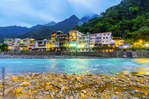 Riverside buildings in Wulai hot spring village photo