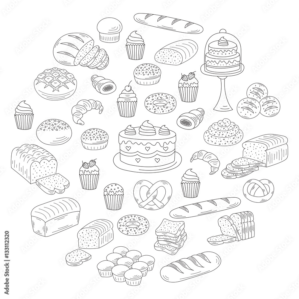 Bakery and pastry collection , doodle vector illustrations isolated on white
