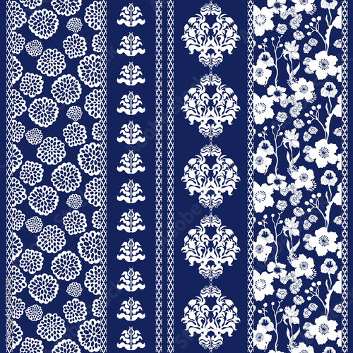Set of seamless batik borders with bohemian elements.