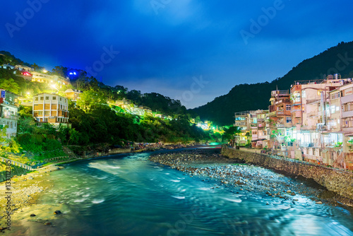 View of Wulai Village at night with river