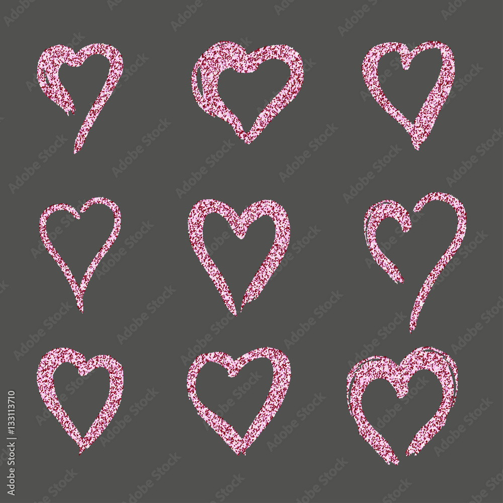 set hearts in pink gold doodle style, the logo, a symbol of love on a black background. use in the design, design element, emblem. vector illustration.