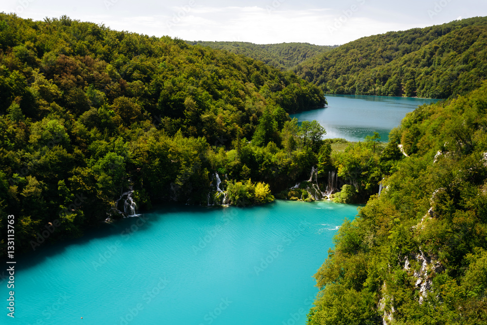 Top view of the Lake Gavanovac and Milanovac and at the national park Plitvice Lakes.