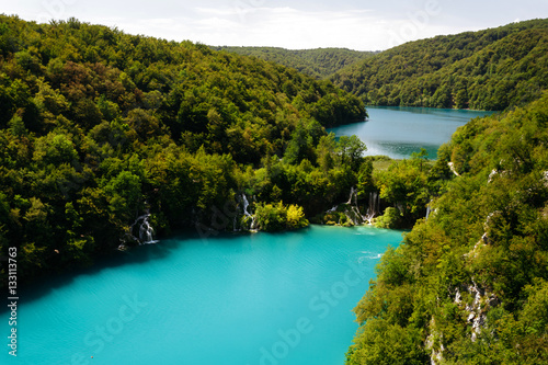 Top view of the Lake Gavanovac and Milanovac and at the national park Plitvice Lakes.