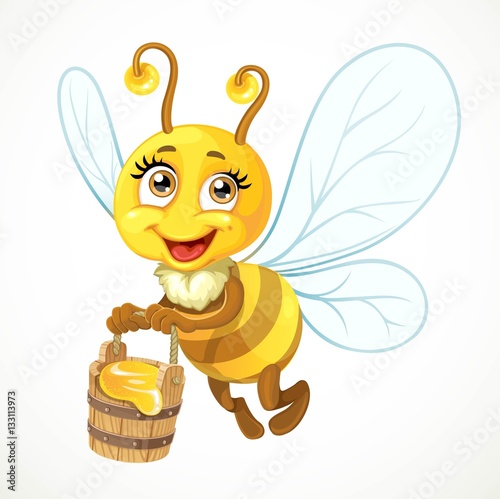 Cute bee flies with wooden bucket full of honey isolated on a wh