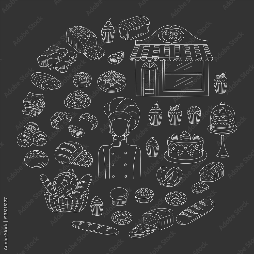 Bakery collection doodle style vector illustrations isolated on white