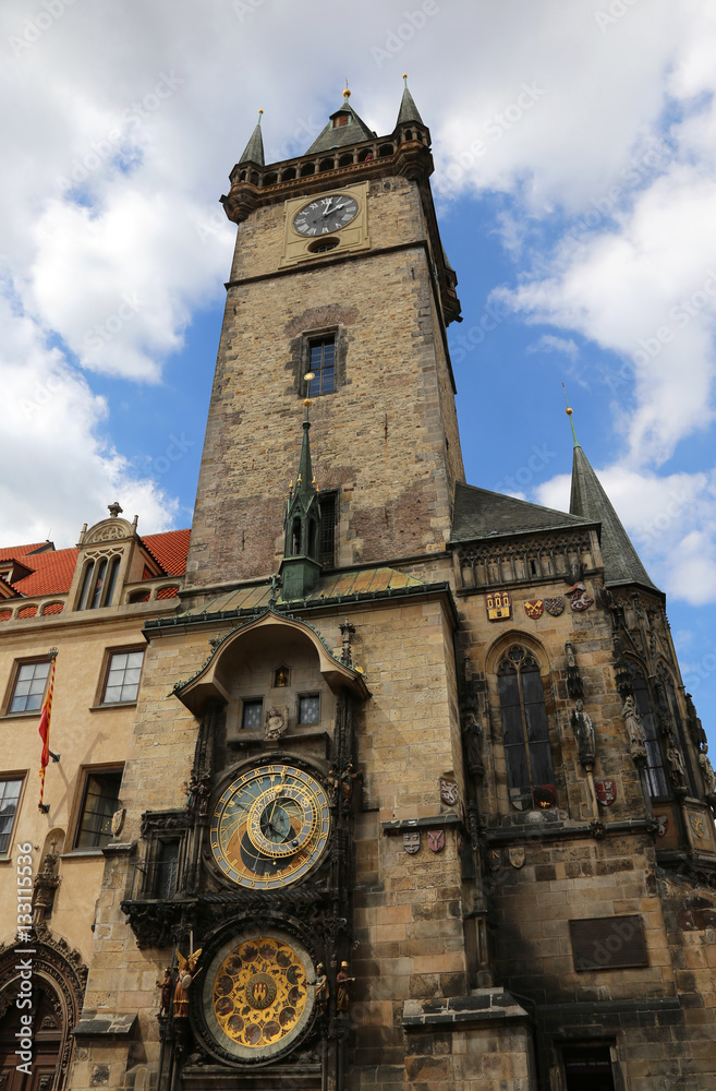 Ancient tower with astronomical clock in Prague in Czech Republi