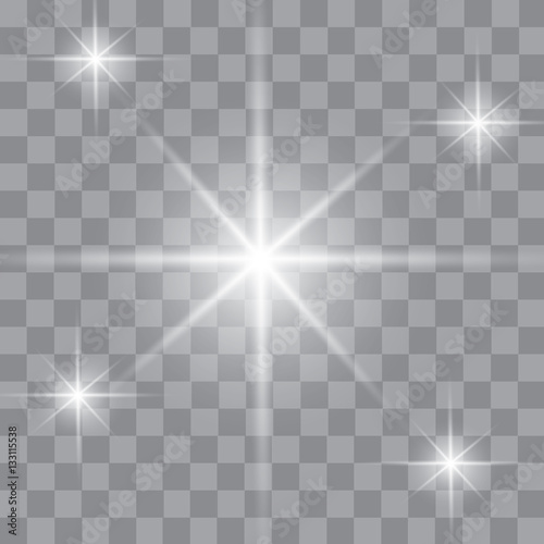 Set of glowing light effects with transparency, isolated on black background vector. Glare, rays, stars. © ayaron