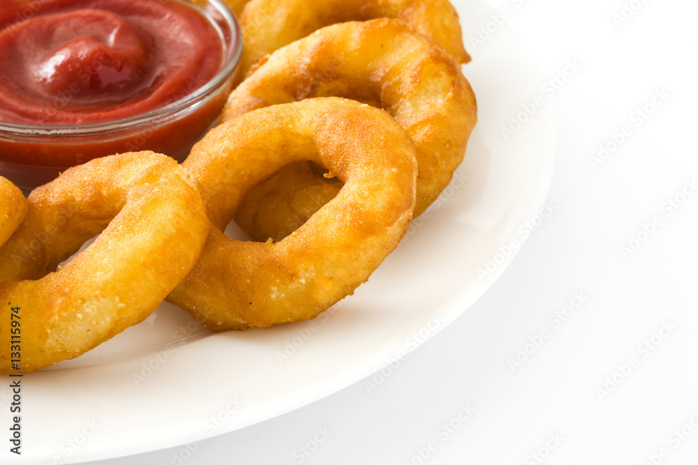Fried calamari rings with and ketchup isolated on white background

