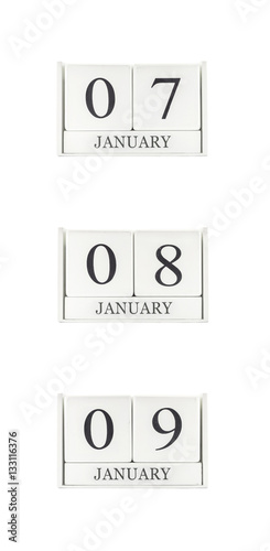 Closeup group of white wooden calendar with black 7 , 8 , 9 january word , three date calendar isolated on white background