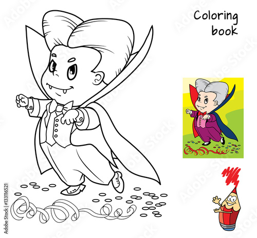 Little boy in a fancy suit vampire Dracula at the masquerade. Coloring book. Cartoon vector illustration