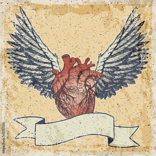 Hand drawn vector sketch illustration - creative vintage tee shirt apparel print poster design, flying human heart with banner and wings, grunge paper yellow background.