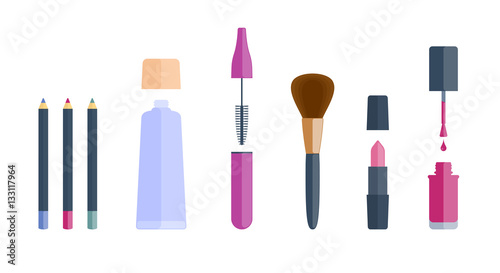 Women's cosmetic accessories: lip pen, lipstick, eyeshadow, mascara brushes, nail polish, cream tube. Flat illustration of cosmetical object set. Vector isolated on white background design elements.