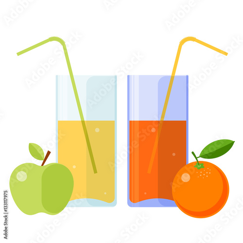 Healthy food: an orange and glasses of juice. Natural and fresh eating and drinking flat concept illustration of fruit and beverage. Vector design elements for vegetarian presentation, social network.