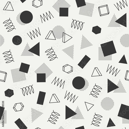 Retro memphis geometric line shapes seamless patterns. Hipster fashion 80-90s. Abstract jumble textures. Black and white. Zigzag lines. Triangle. Memphis style for printing, website, design, poster.