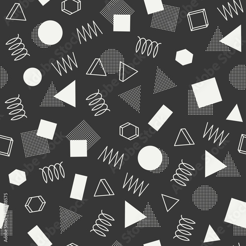 Retro memphis geometric line shapes seamless patterns. Hipster fashion 80-90s. Abstract jumble textures. Black and white. Zigzag lines. Triangle. Memphis style for printing, website, design, poster.