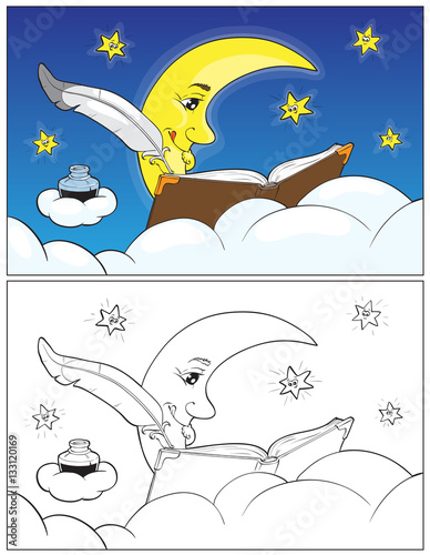 Coloring Book Illustration with moon and stars in the night sky. Vector Illustration