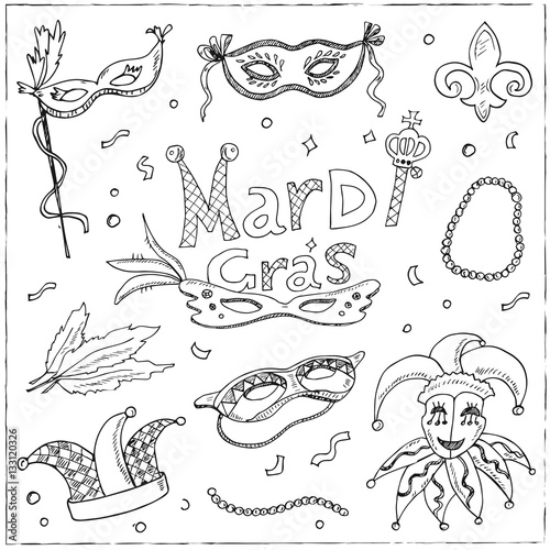 Mardi Gras traditional symbols collection. Carnival masks, party decorations.