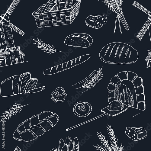 Bread vector hand drawn seamless pattern illustration.
