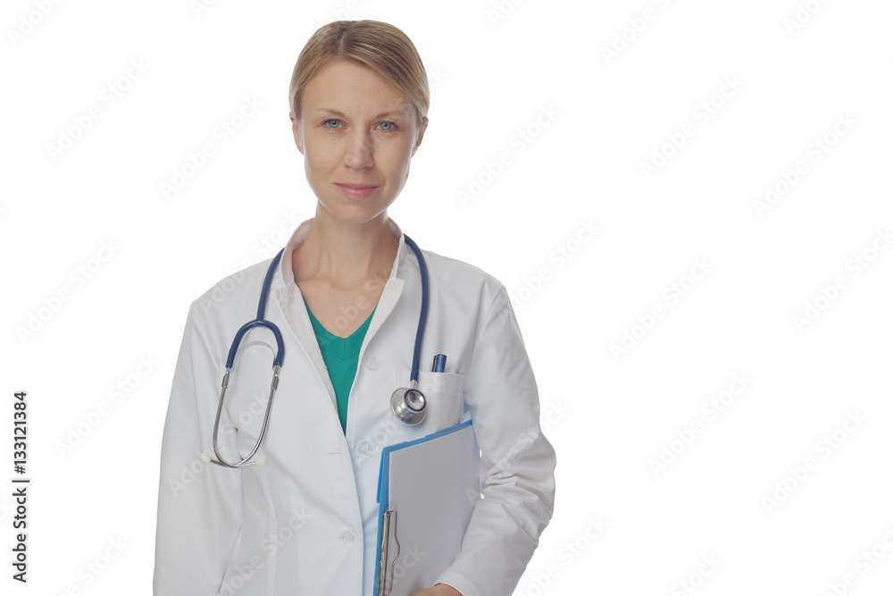 Portrait an unknown female doctor with a stethoscope isolated on white. Health care and medical concept.