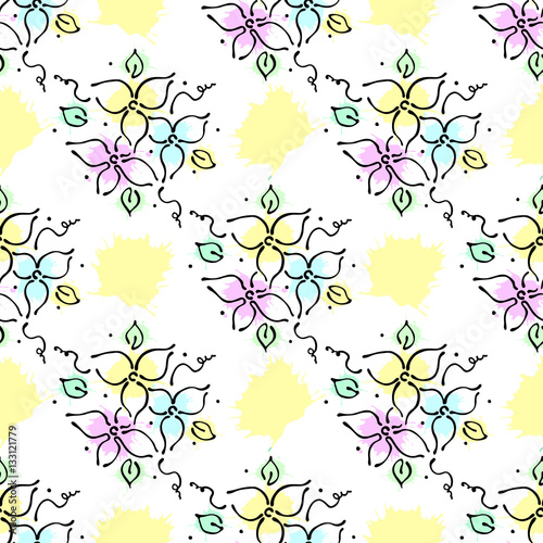 Vector seamless floral pattern with flowers, leaves, decorative elements, splash, blots, drop Hand drawn contour lines and strokes Doodle sketch style, graphic vector drawing illustration