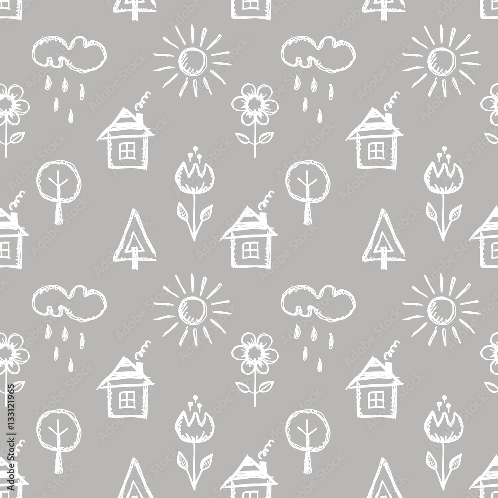 Seamless vector pattern with cute childish hand drawn house, sun, cloud, rain, flowers, tree. Grey endless doodle background with line drawing sketch elements. Graphic repeat doodle illustration Seamless vector pattern with cute childish hand drawn house, sun, cloud, rain, flowers, tree. Grey endless doodle background with line drawing sketch elements. Graphic repeat doodle illustration